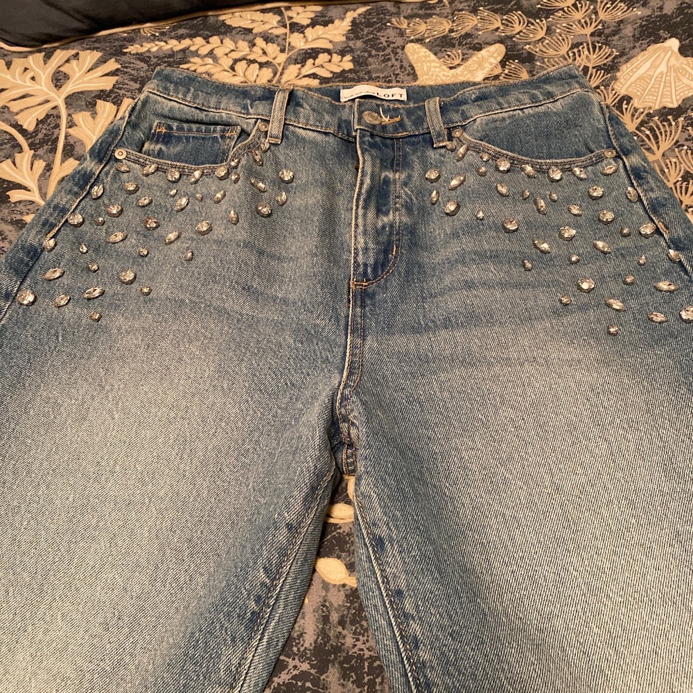 Loft Rhinestone High Rise Straight Jeans in Vintage Distressed Wash 28 Petite